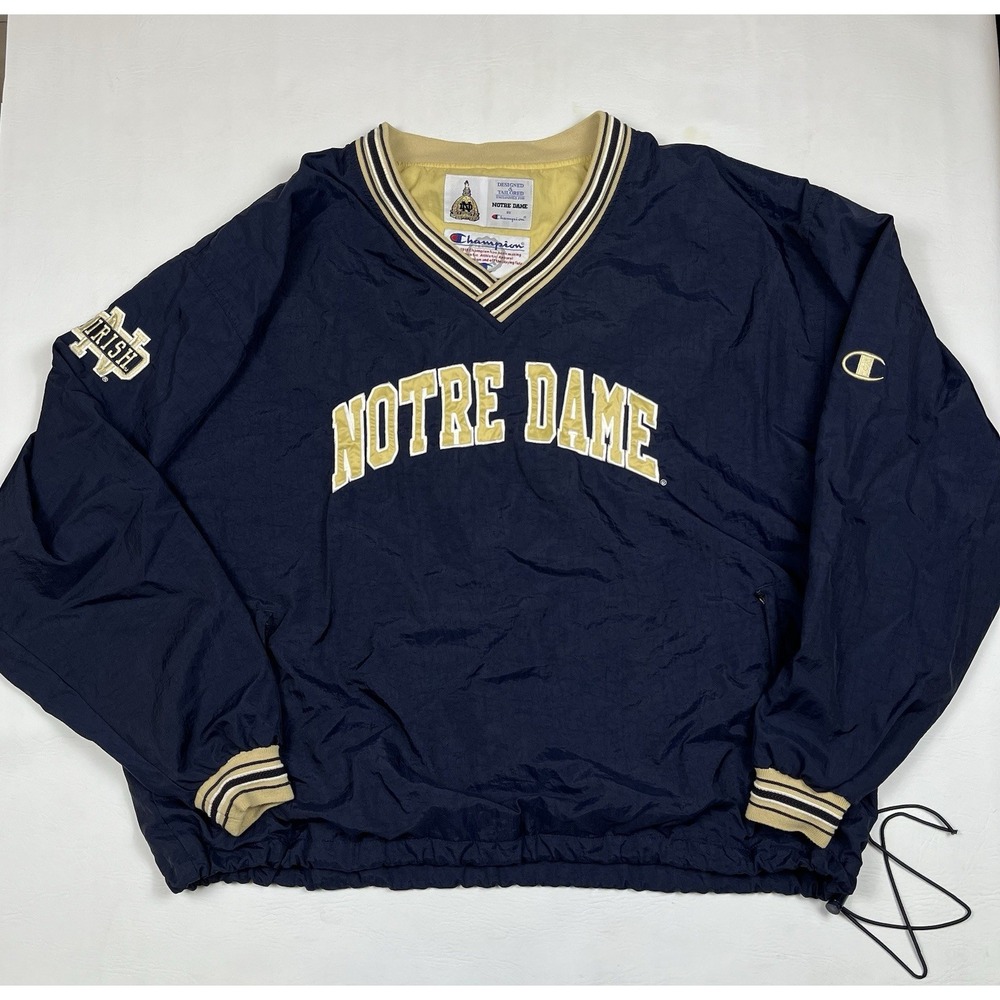 VTG Champion Notre Dame Windbreaker Mens XXL Navy Blue V-Neck Fighting Irish